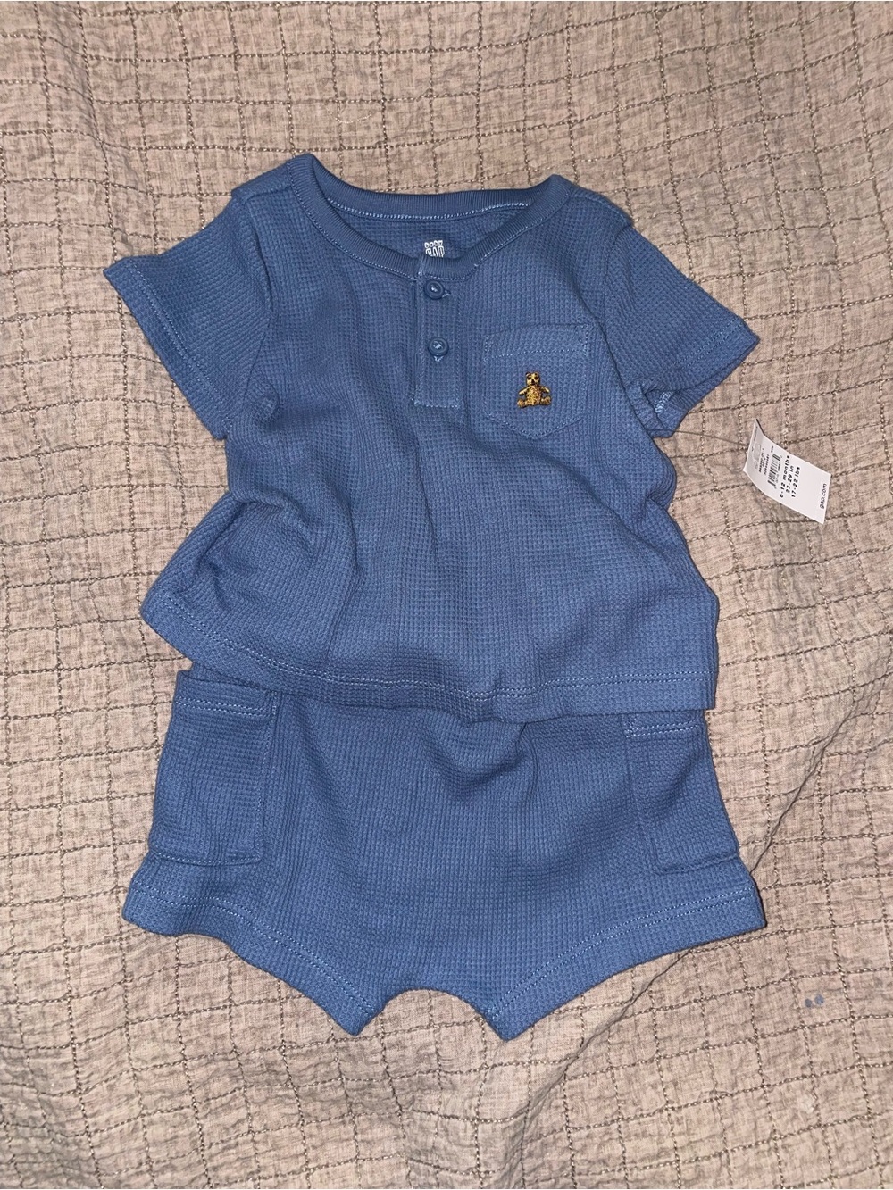 GAP Blue Waffle-Knit Two-Piece Set with Bear Patch